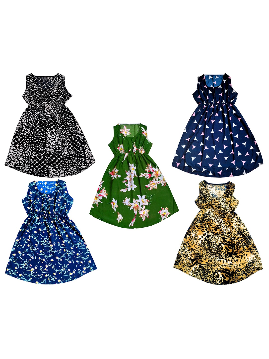 

IndiWeaves Girls Pack of 5 Floral Printed Crepe A-Line Dress, Blue