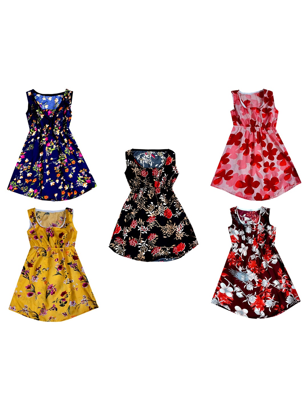 

IndiWeaves Pack of 5 Floral Print Crepe Fit & Flare Dress, Pink