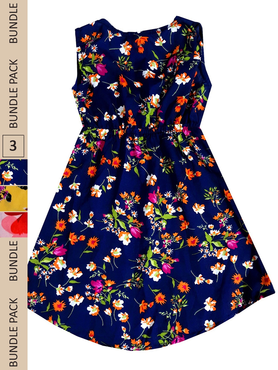 

IndiWeaves Girls Pack Of 3 Floral Printed Crepe Fit & Flare Dress, Navy blue