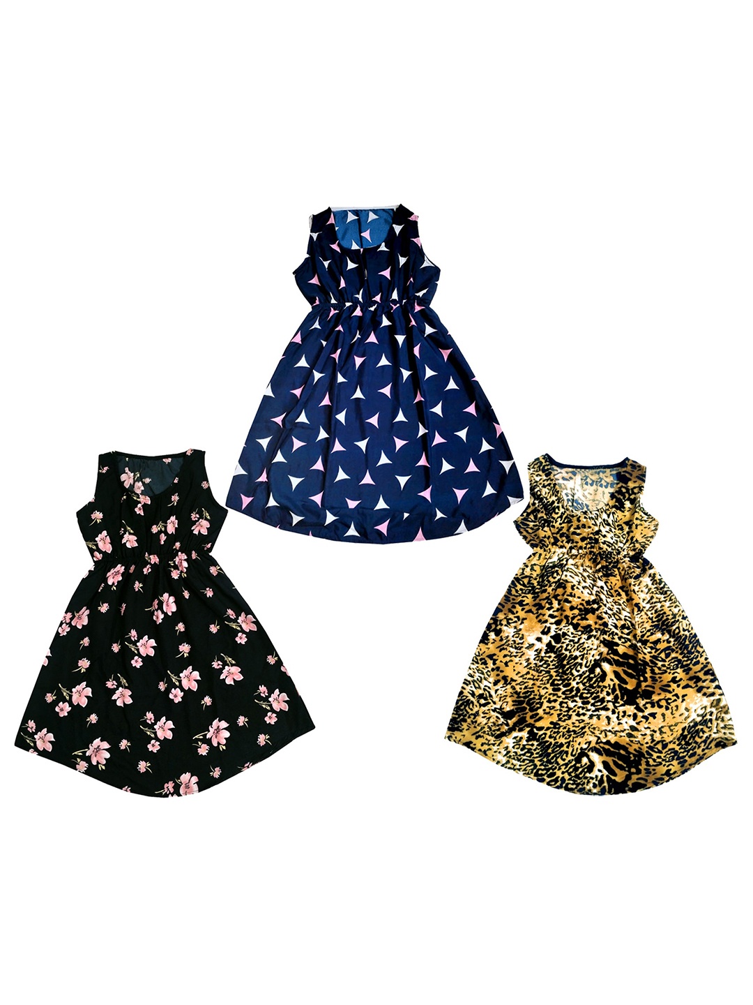 

IndiWeaves Girls Pack Of 3 Floral Printed Sleeveless Fit & Flare Dress, Navy blue