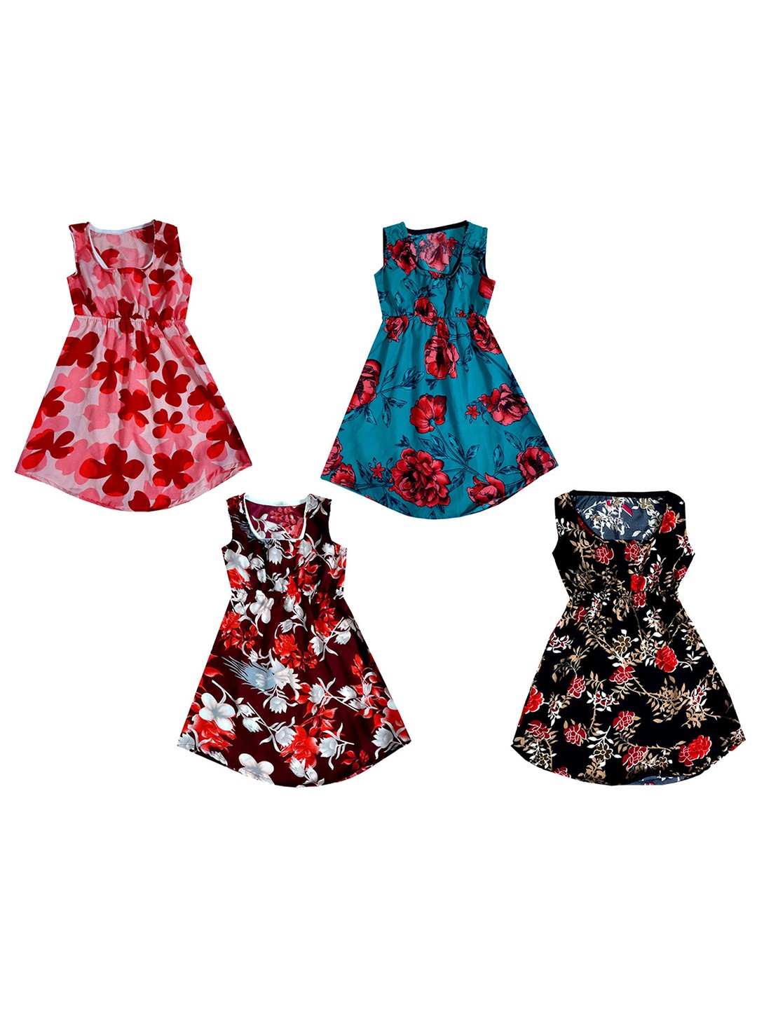 

IndiWeaves Pack Of 4 Floral Printed A-Line Dress, Red