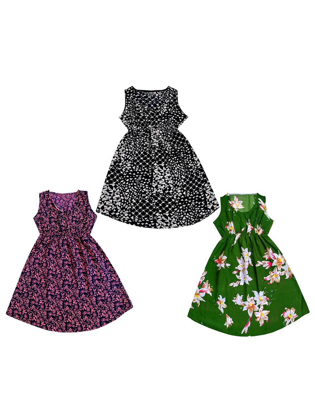 

IndiWeaves Girls Pack Of 3 Floral Printed Fit & Flare Dress, Pink