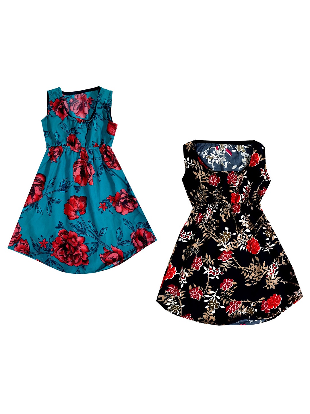 

IndiWeaves Girls Pack of 2 Floral Printed Crepe A-Line Dress, Teal
