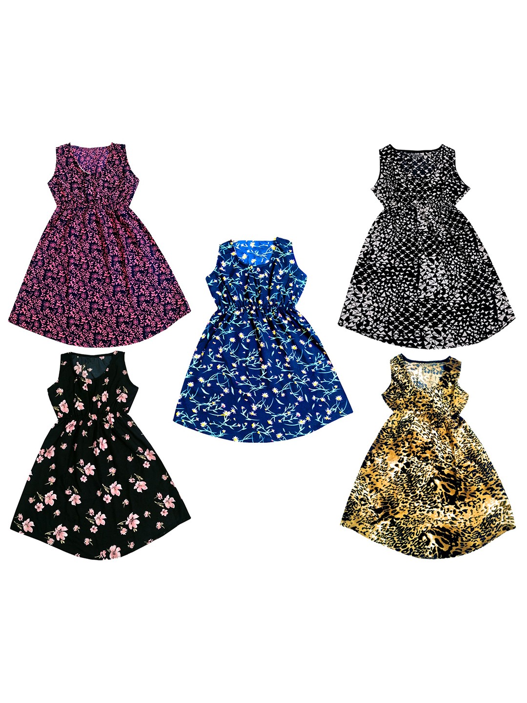 

IndiWeaves Pack of 5 Floral Print Crepe Fit & Flare Dress, Blue
