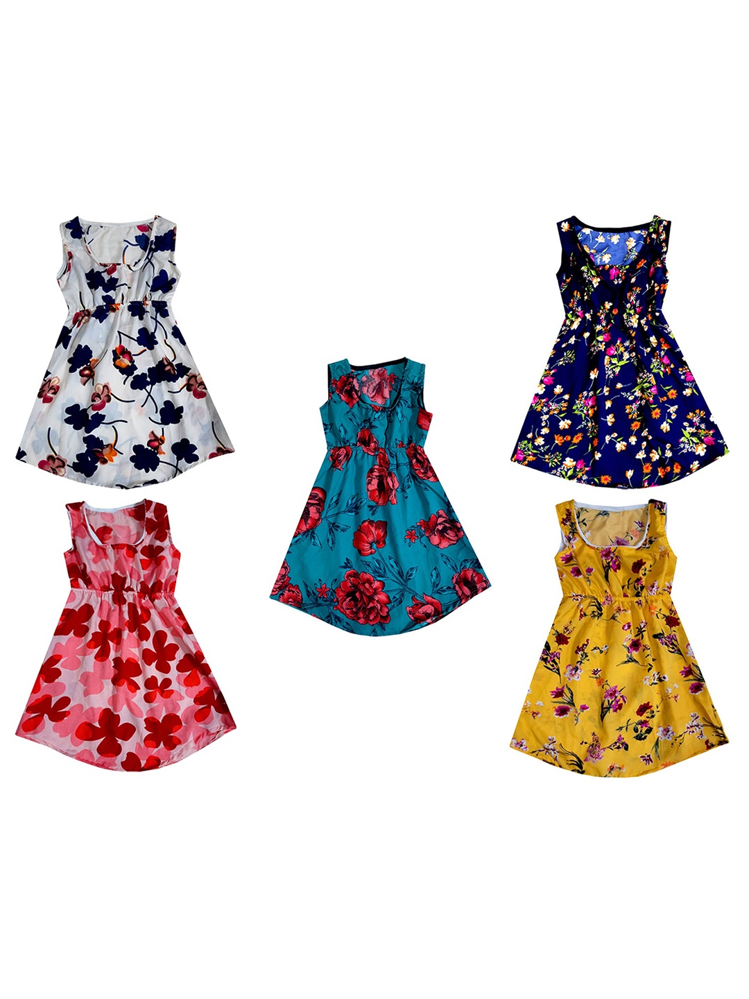 

IndiWeaves Girls Pack Of 5 Floral Printed Fit & Flare Dress, White