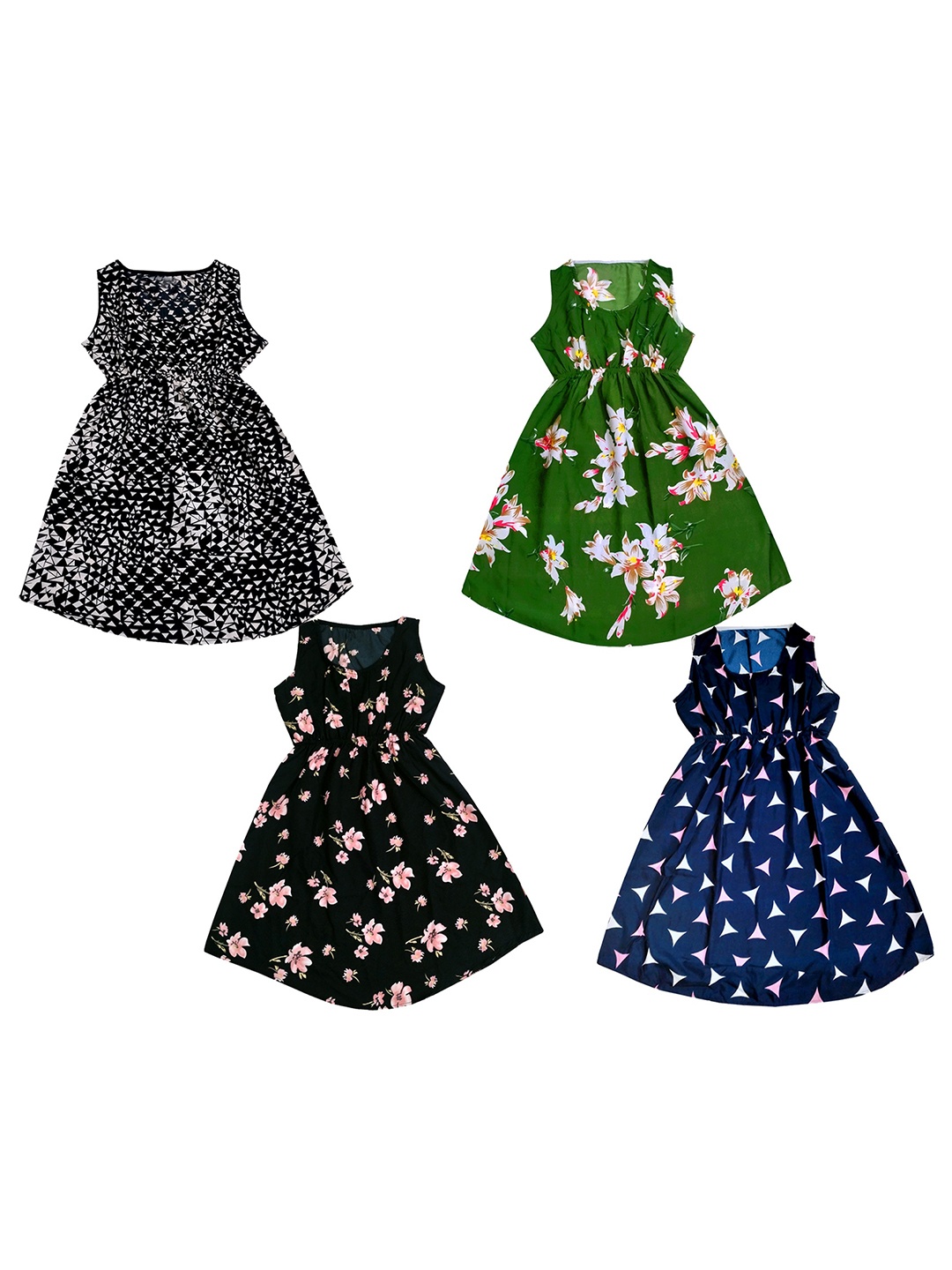 

IndiWeaves Girls Pack of 4 Floral Printed Crepe A-Line Dress, Black