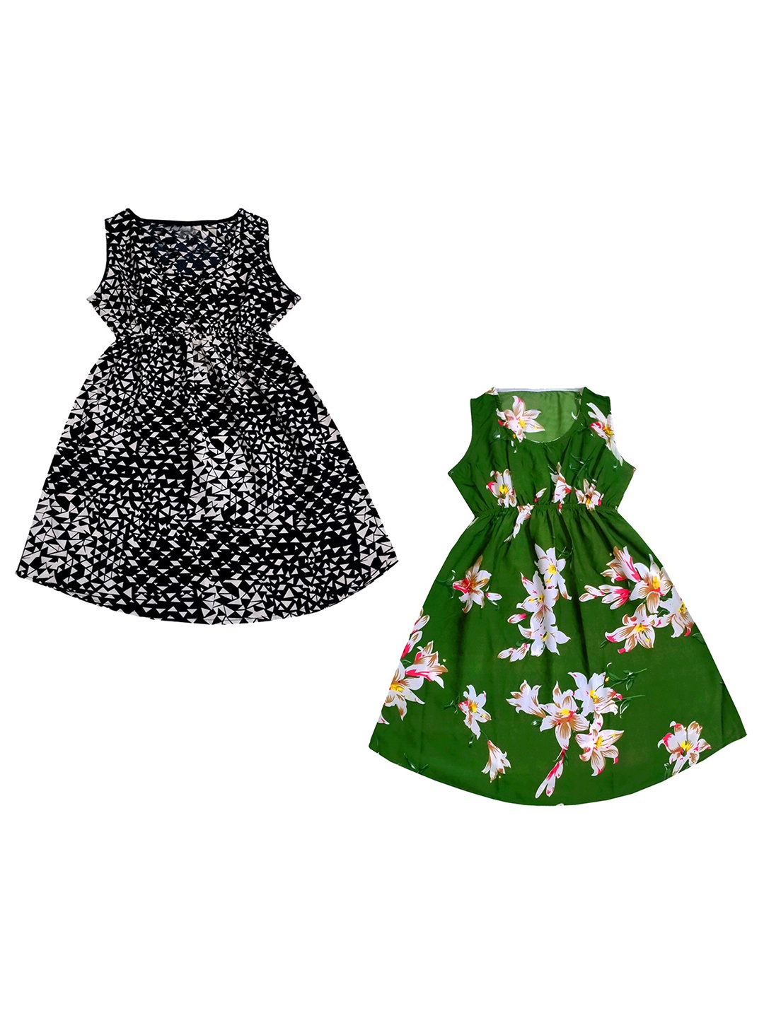

IndiWeaves Pack Of 2 Floral Print Crepe Fit & Flare Dress, Green