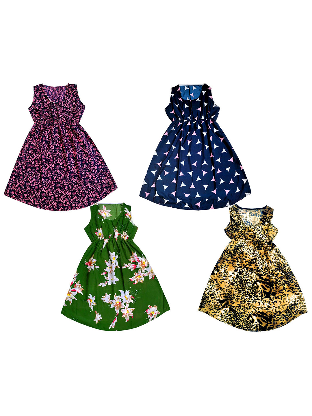 

IndiWeaves Girls Pack of 4 Floral Printed Fit & Flare Dress, Navy blue
