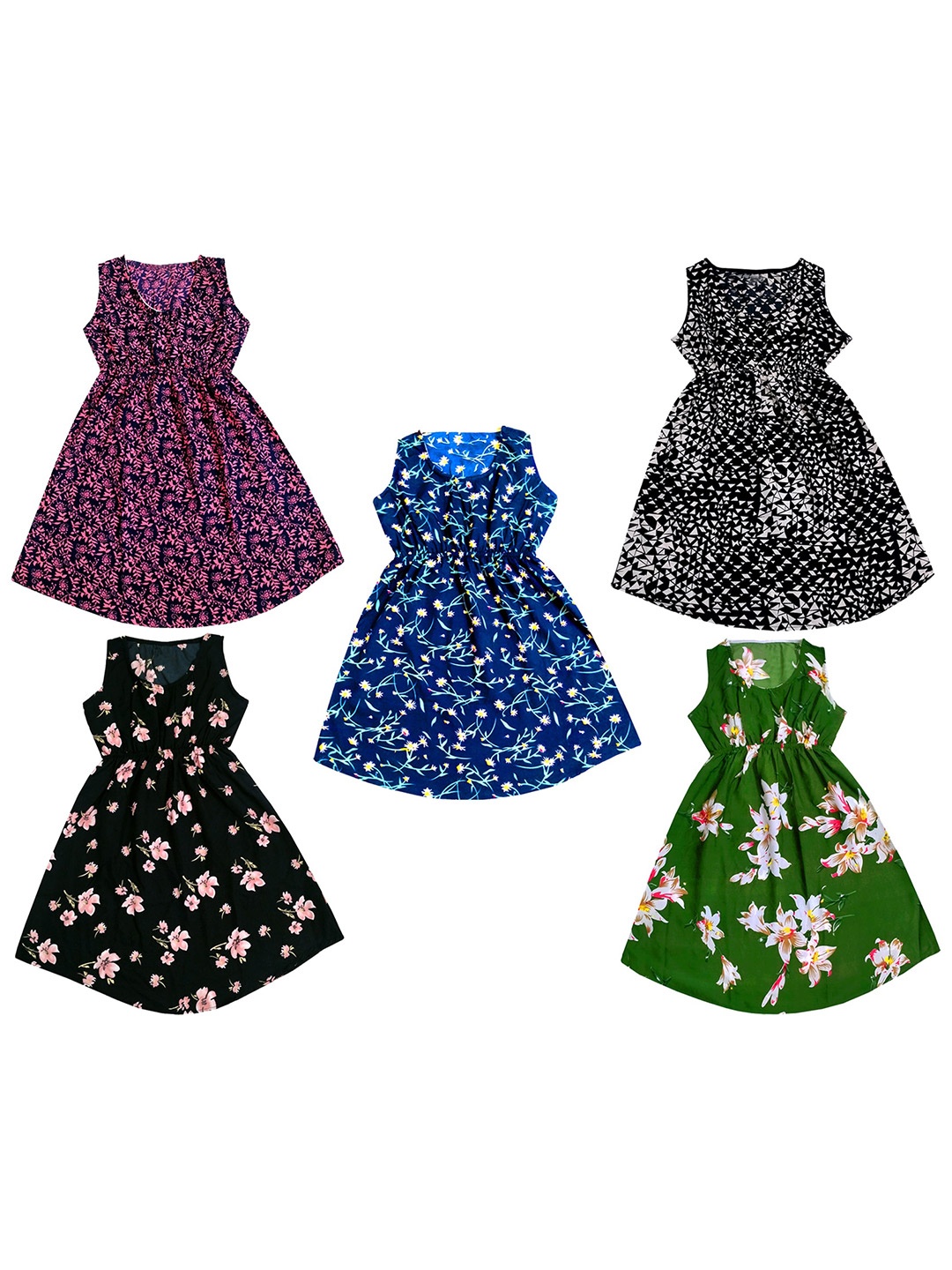

IndiWeaves Girls Pack Of 5 Floral Printed Fit & Flare Dresses, Blue
