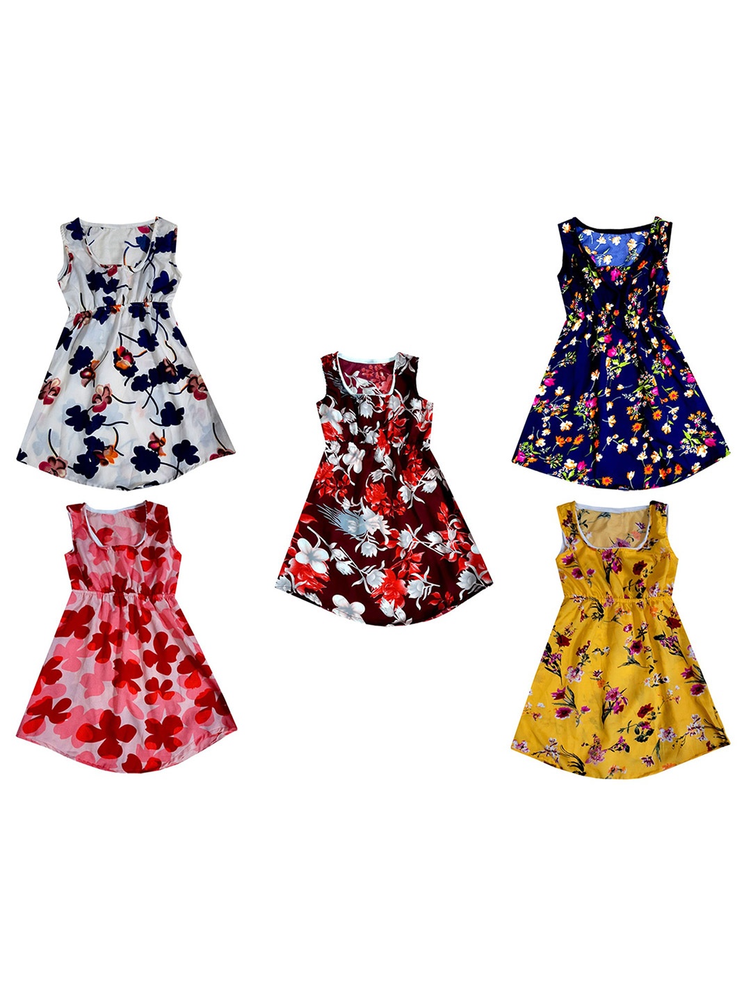 

IndiWeaves Girls Pack of 5 Floral Printed Crepe A-Line Dress, White