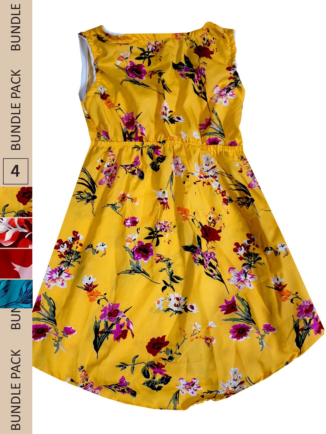 

IndiWeaves Girls Pack Of 4 Floral Printed Crepe Fit & Flare Dress, Yellow