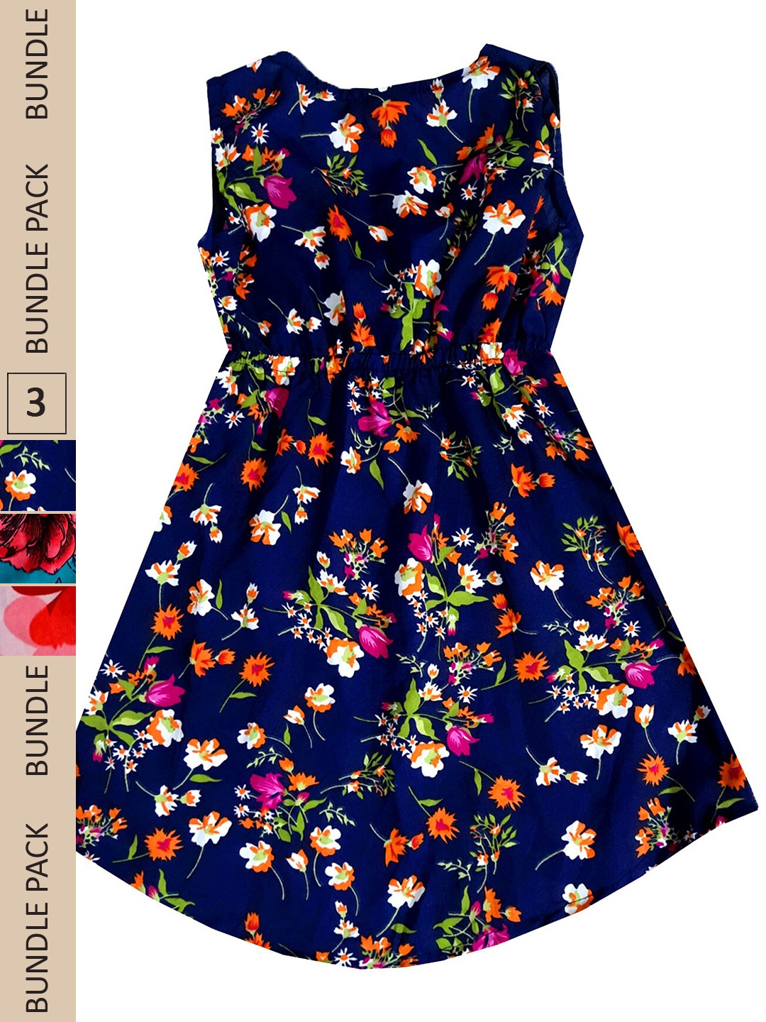 

IndiWeaves Girls Pack Of 3 Floral Printed Crepe Fit & Flare Dress, Navy blue