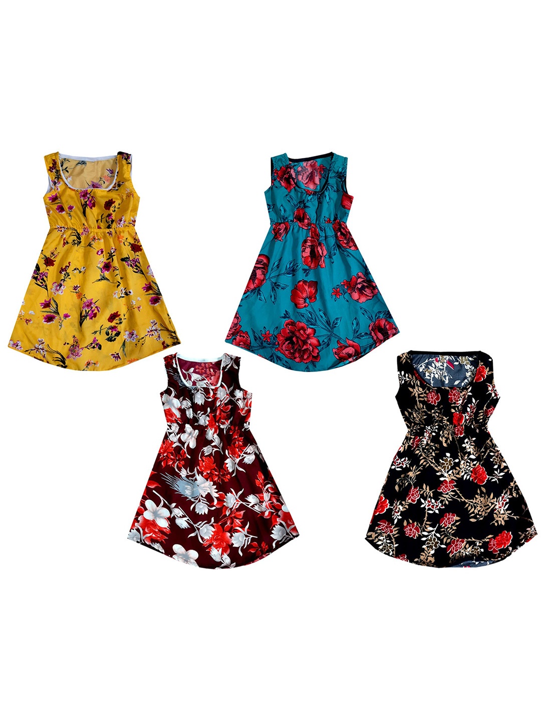 

IndiWeaves Girls Pack Of 4 Floral Printed Fit & Flare Dresses, Yellow