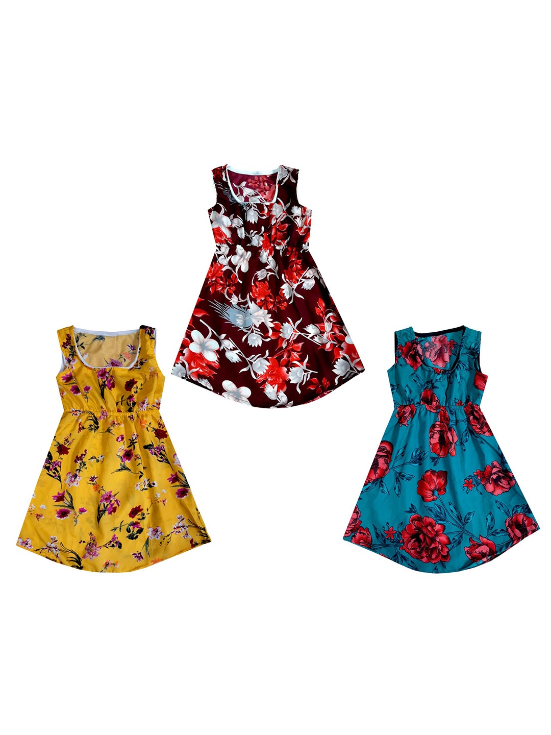 

IndiWeaves Girls Pack Of 3 Floral Printed Sleeveless Fit & Flare Dress, Yellow