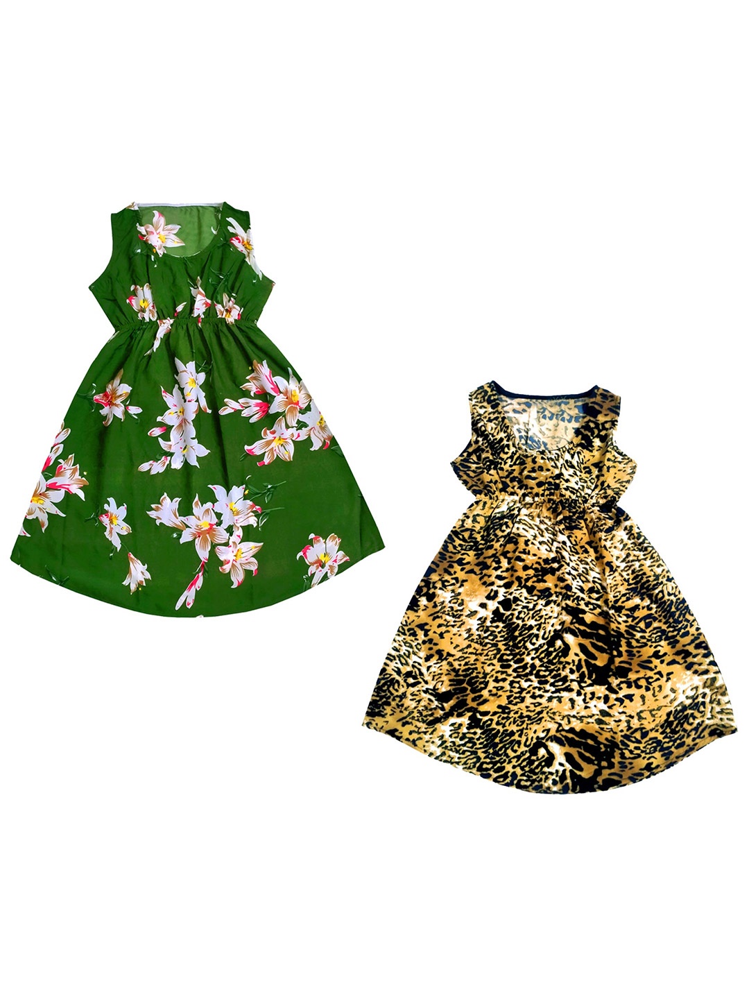 

IndiWeaves Girls Pack of 2 Floral Printed Crepe A-Line Dress, Green