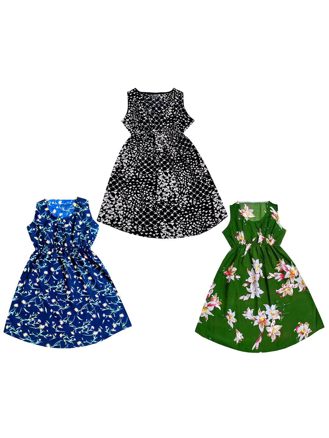 

IndiWeaves Girls Pack of 3 Floral Printed Crepe A-Line Dress, Black