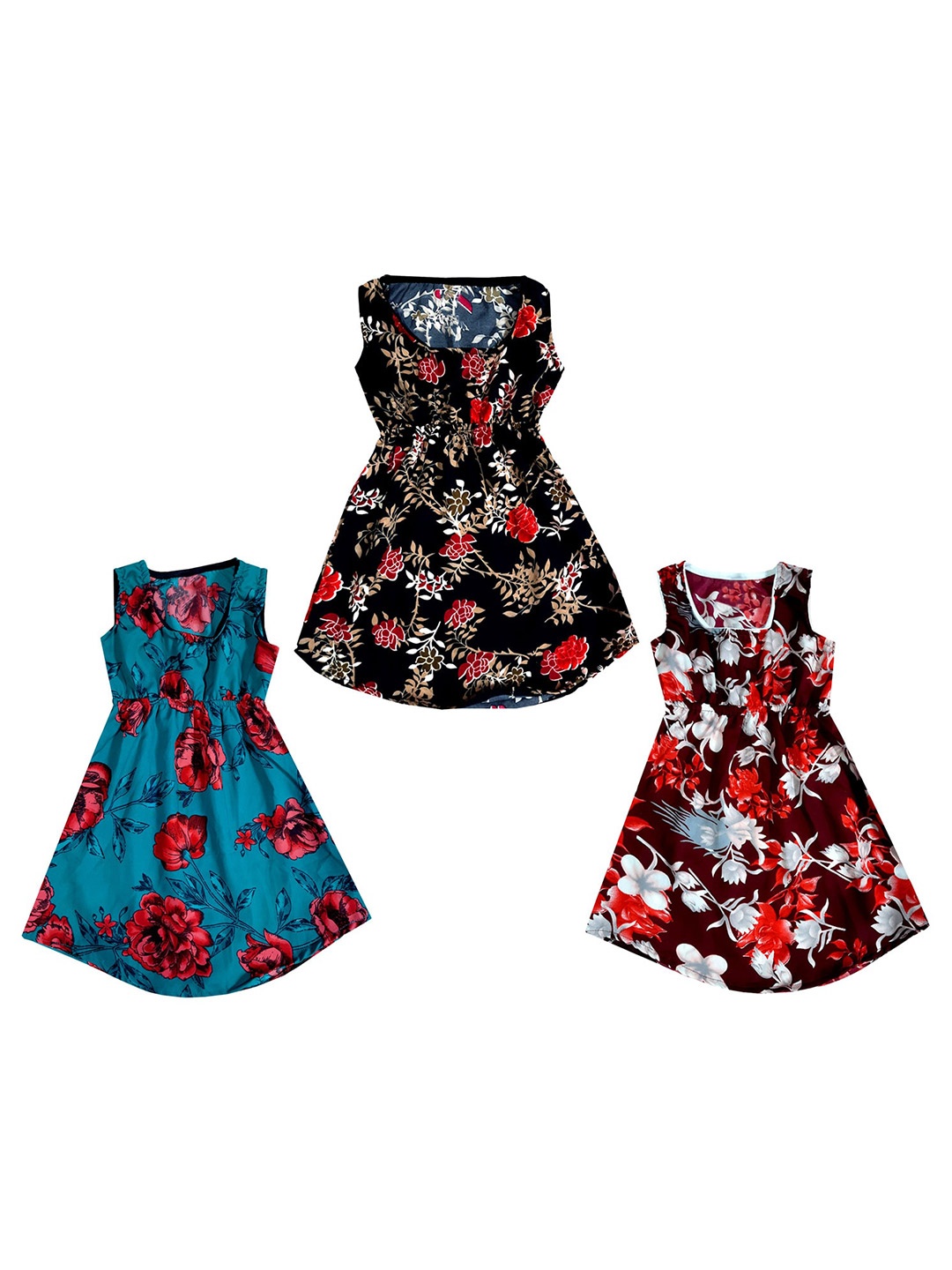 

IndiWeaves Girls Pack of 3 Floral Printed Crepe A-Line Dress, Teal