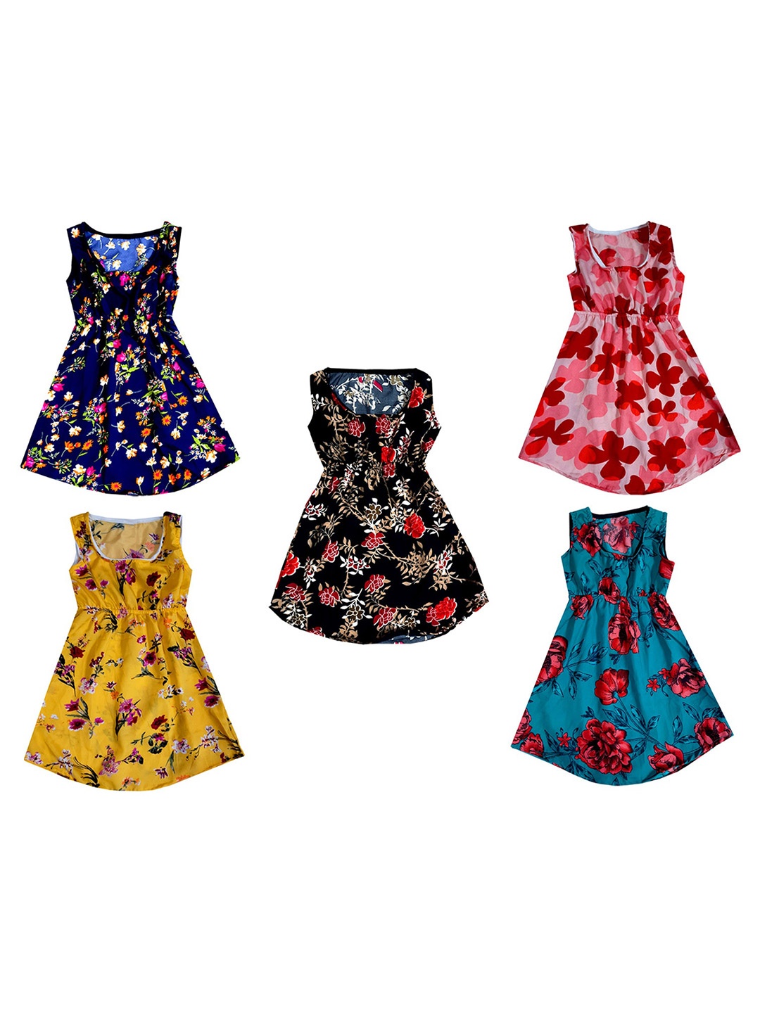 

IndiWeaves Girls Pack of 5 Floral Printed Crepe A-Line Dress, Teal