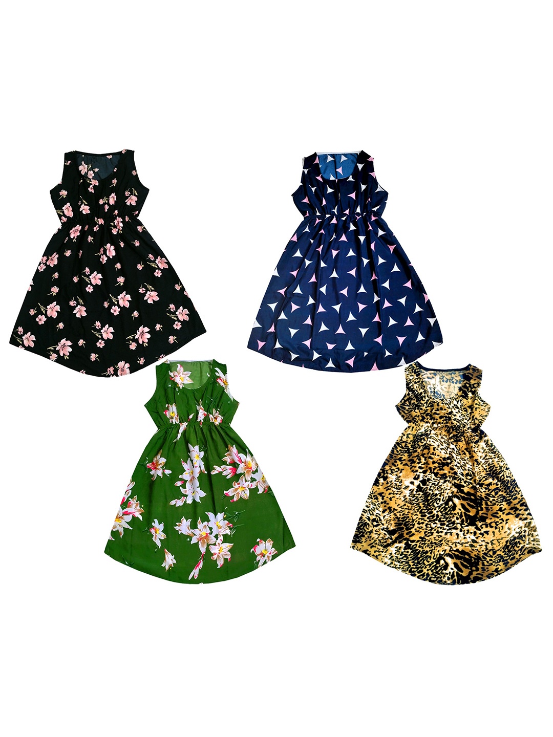 

IndiWeaves Pack of 4 Floral Print Crepe Fit & Flare Dress, Green