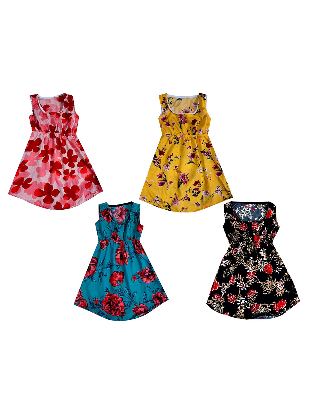 

IndiWeaves Girls Pack of 4 Floral Printed Fit & Flare Dress, Yellow