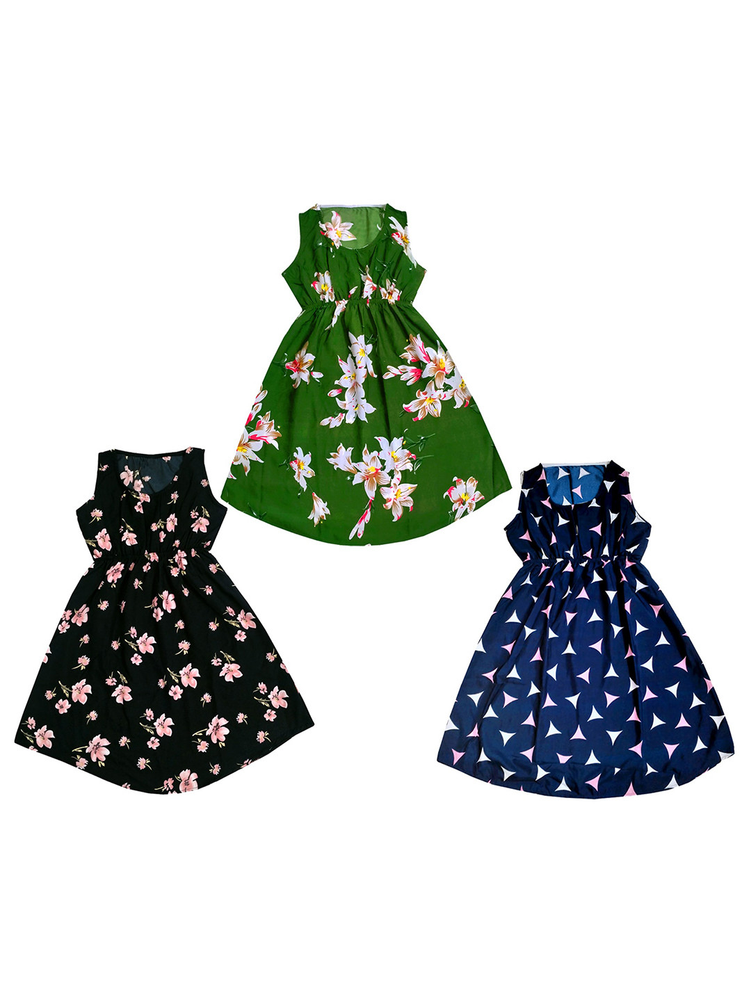 

IndiWeaves Girls Pack Of 3 Floral Printed Fit & Flare Maxi Dress, Navy blue
