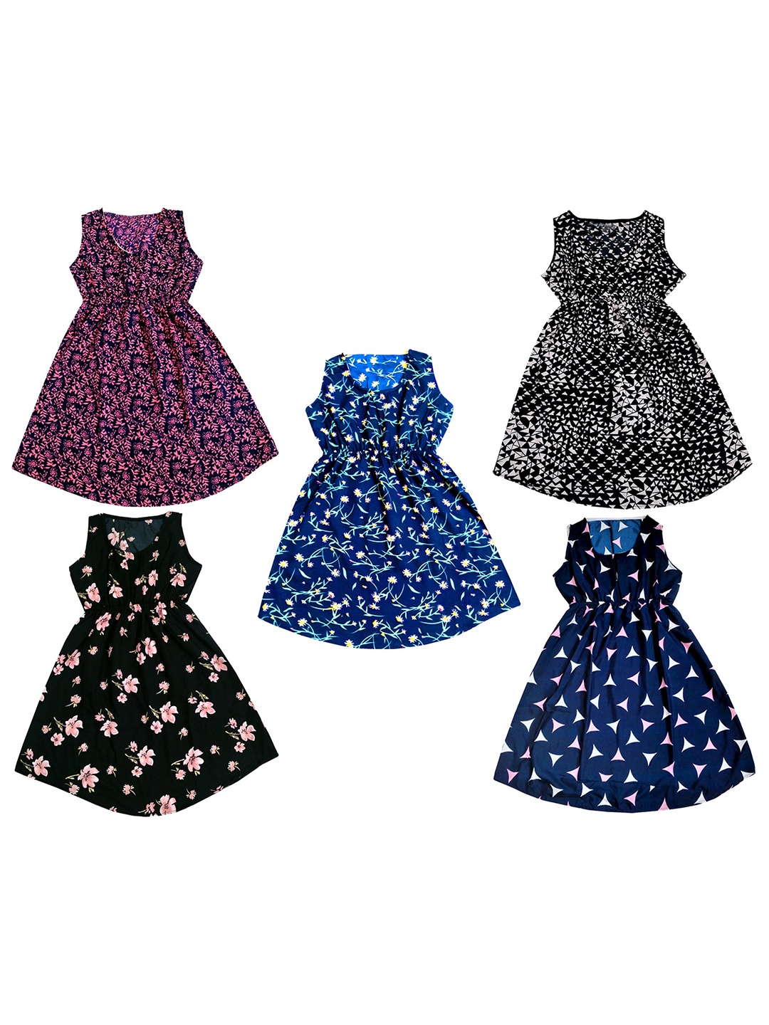 

IndiWeaves Girls Pack of 5 Floral Print Crepe Fit & Flare Dress, Blue