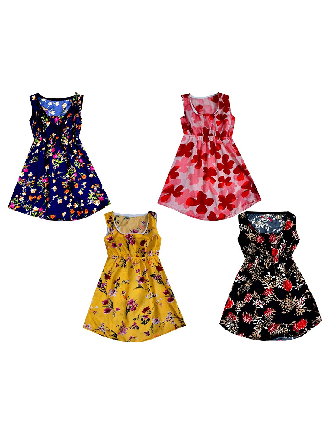 

IndiWeaves Girls Pack Of 4 Floral Printed Sleeveless Fit & Flare Dress, Navy blue