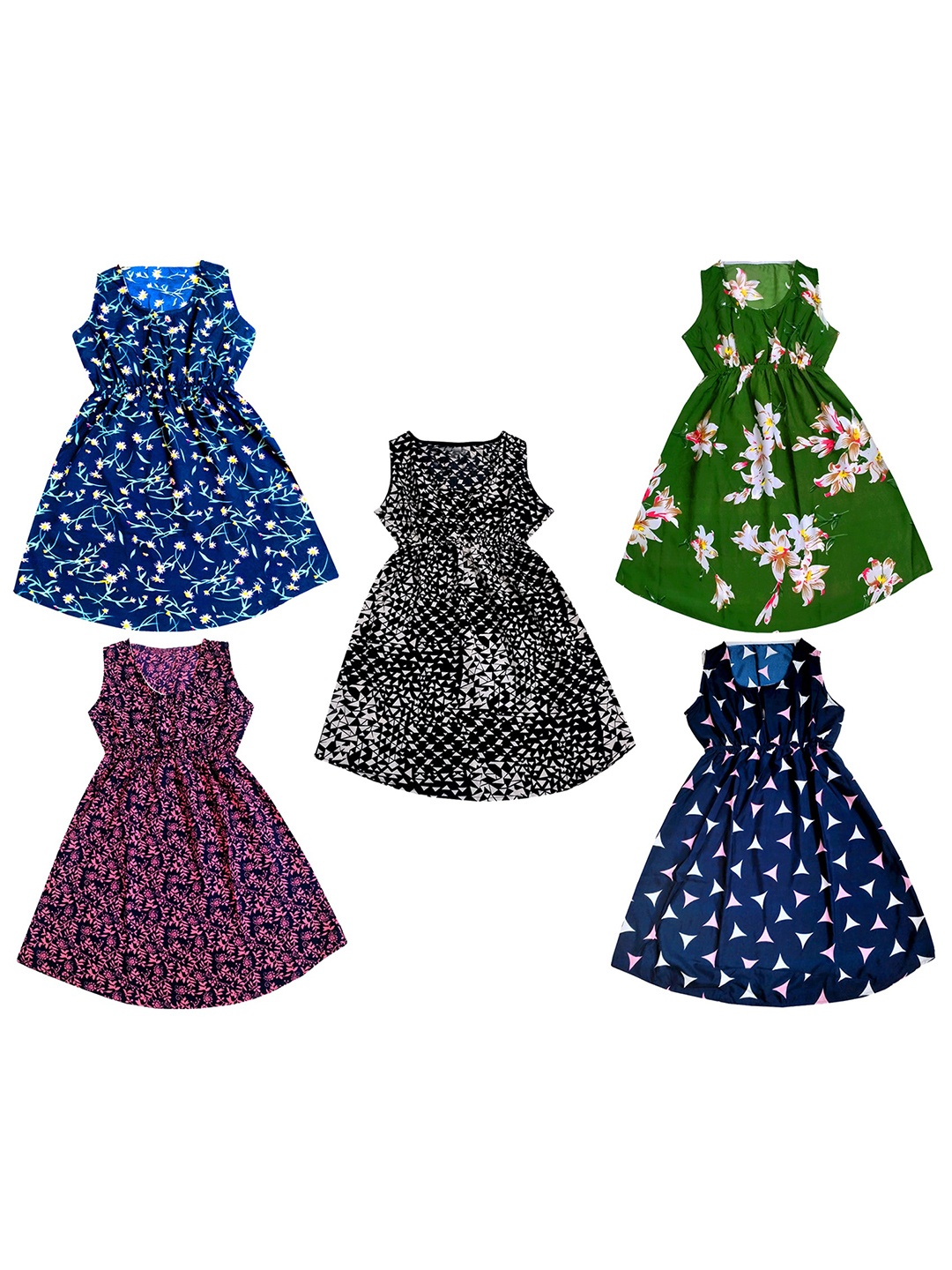 

IndiWeaves Girls Pack of 5 Floral Printed Fit & Flare Dress, Green