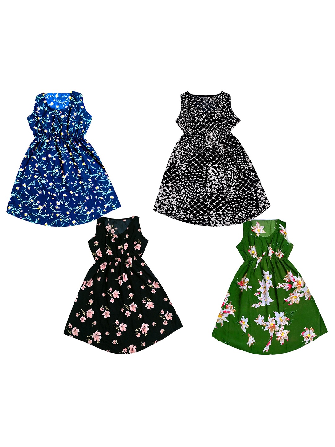 

IndiWeaves Pack of 4 Floral Print Crepe Fit & Flare Dress, Blue