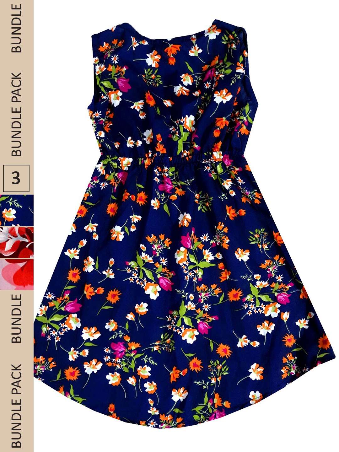 

IndiWeaves Girls Pack Of 3 Floral Printed Crepe Fit & Flare Dress, Navy blue
