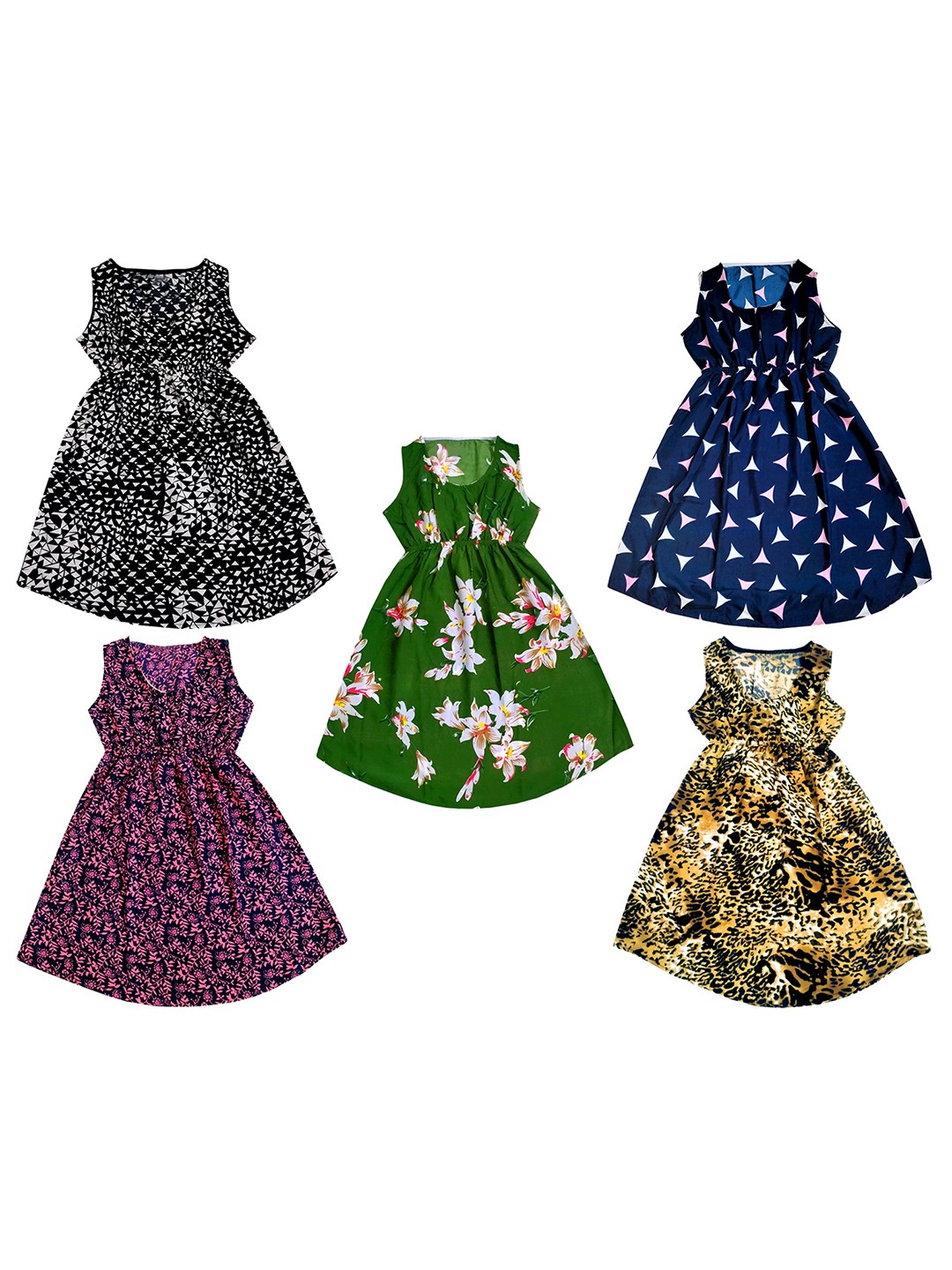 

IndiWeaves Girls Pack Of 5 Floral Printed Sleeveless Fit & Flare Dress, Black