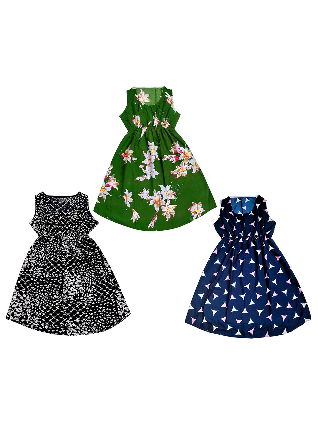 

IndiWeaves Girls Pack Of 3 Printed Fit & Flare Dresses, Green