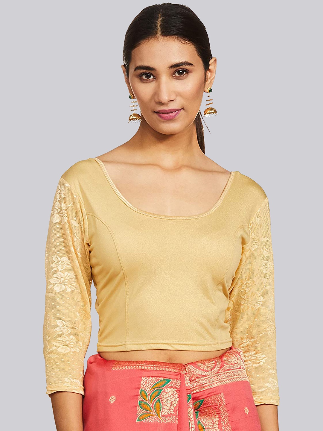 

Fressia Fabrics Round Neck Saree Blouse, Gold