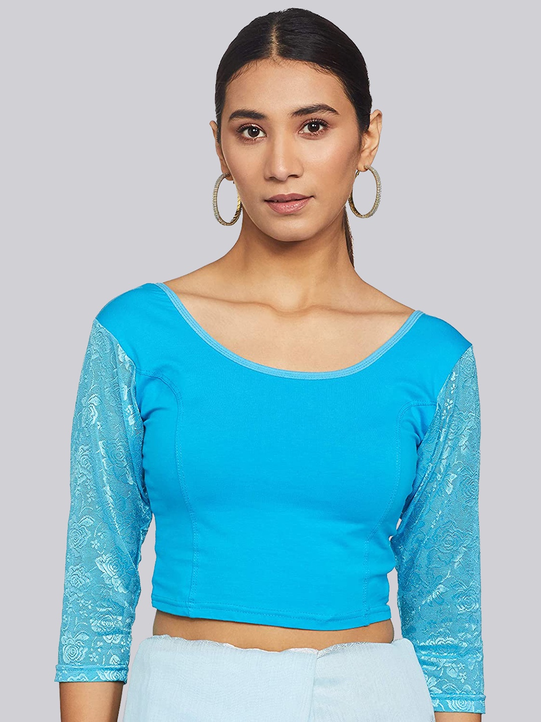 

Fressia Fabrics Round Neck Saree Blouse, Blue