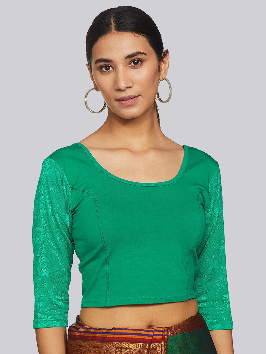 

Fressia Fabrics Round Neck Self Design Sleeve Saree Blouse, Green