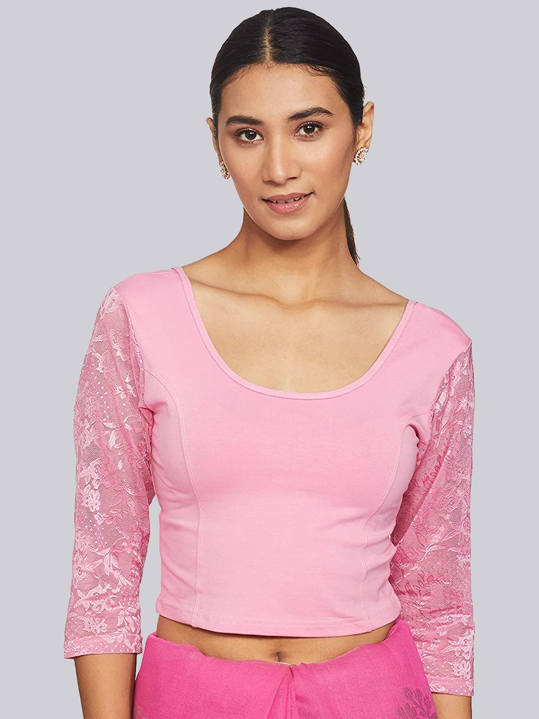 

Fressia Fabrics Round Neck Saree Blouse, Pink
