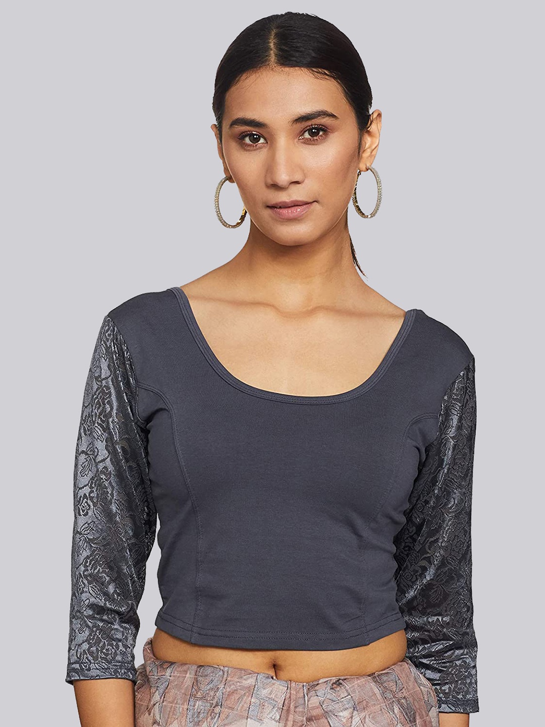 

Fressia Fabrics Round Neck Saree Blouse, Grey