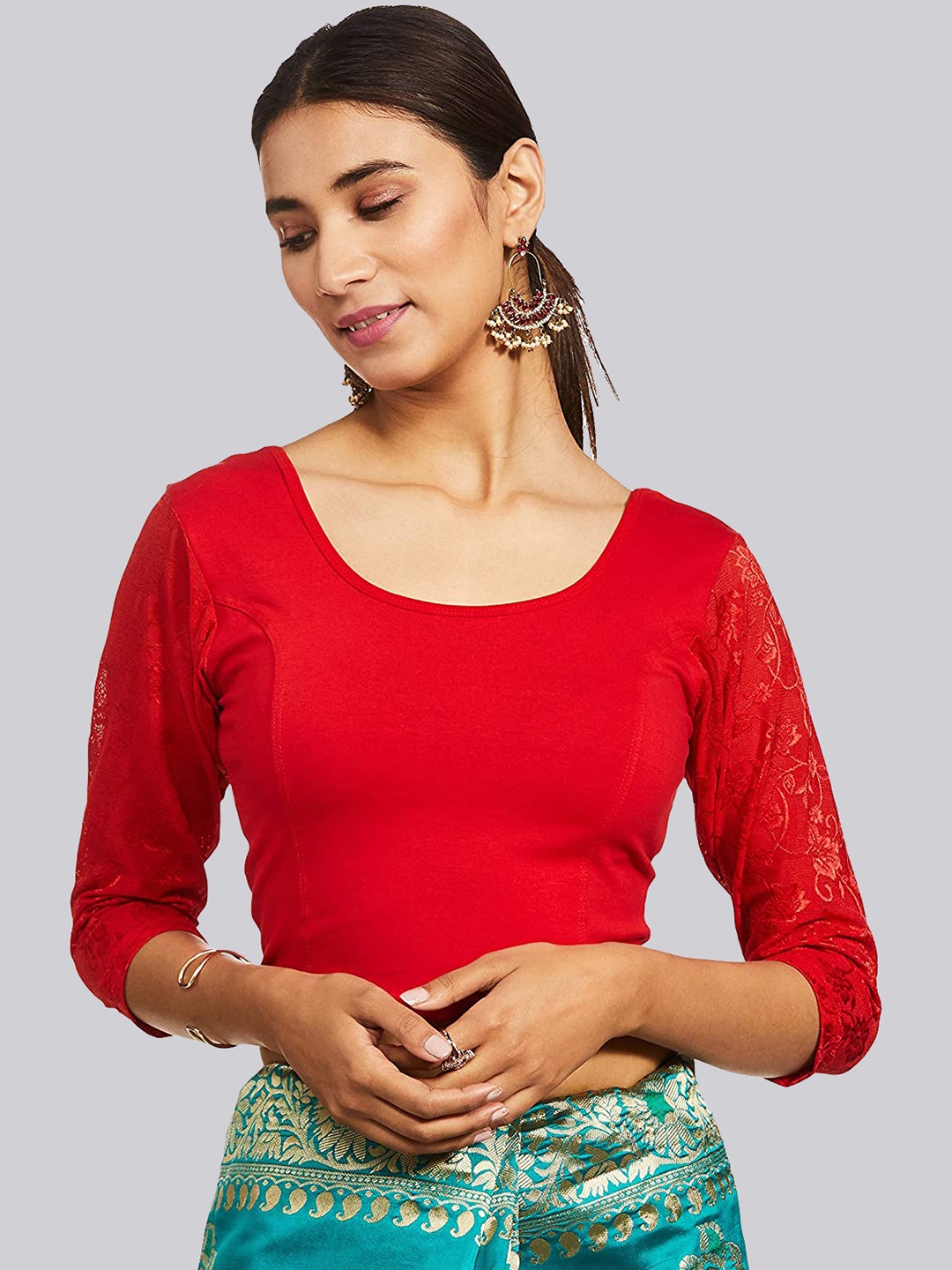 

Fressia Fabrics Round Neck Self Design Sleeve Saree Blouse, Red