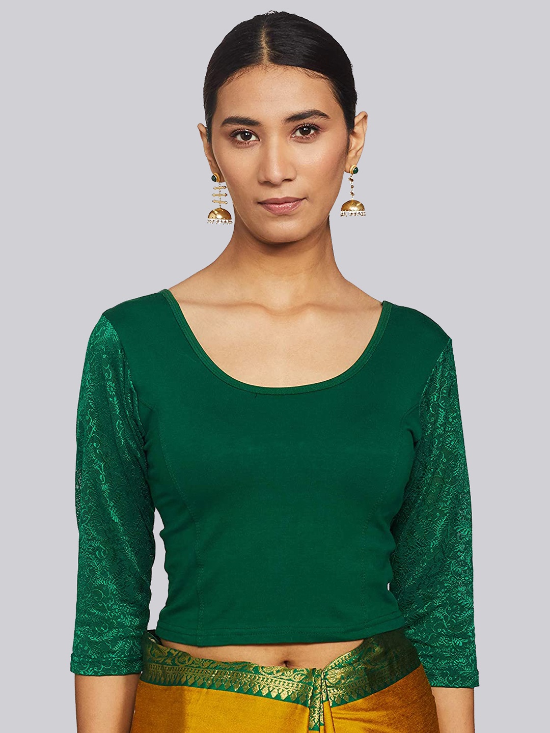 

Fressia Fabrics Round Neck Self Design Sleeve Saree Blouse, Green