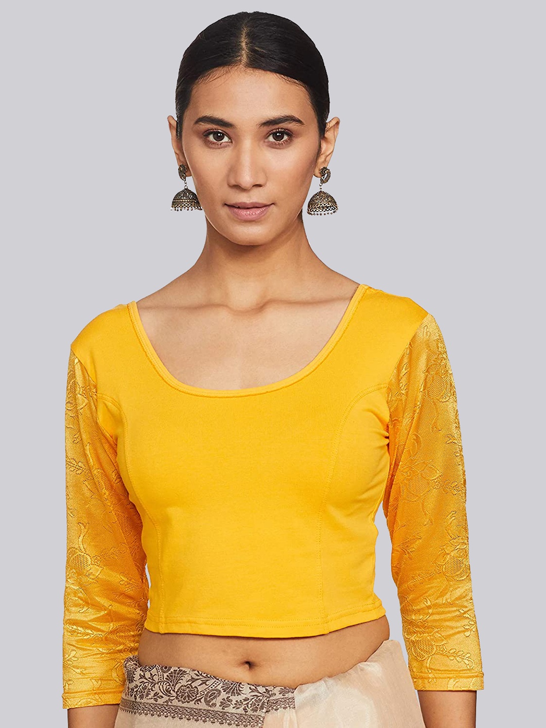 

Fressia Fabrics Round Neck Self Design Sleeve Saree Blouse, Yellow