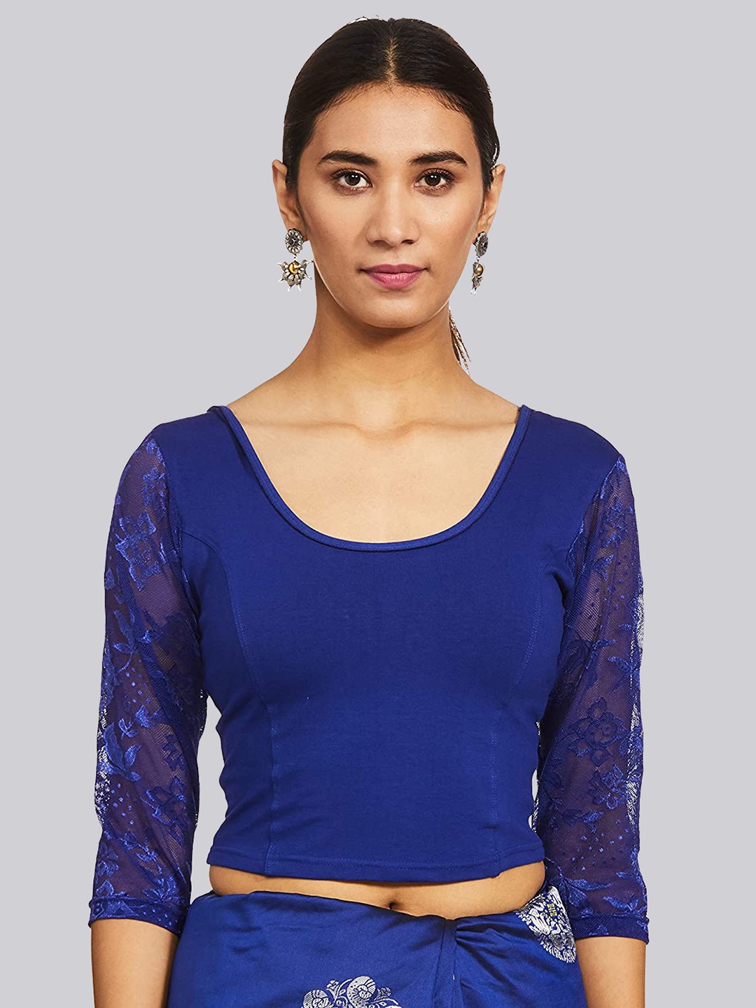 

Fressia Fabrics Round Neck Saree Blouse, Blue