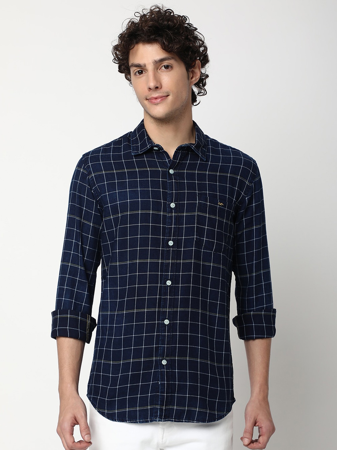

Mufti Slim Fit Grid Tattersall Checks Opaque Checked Cotton Casual Shirt, Blue