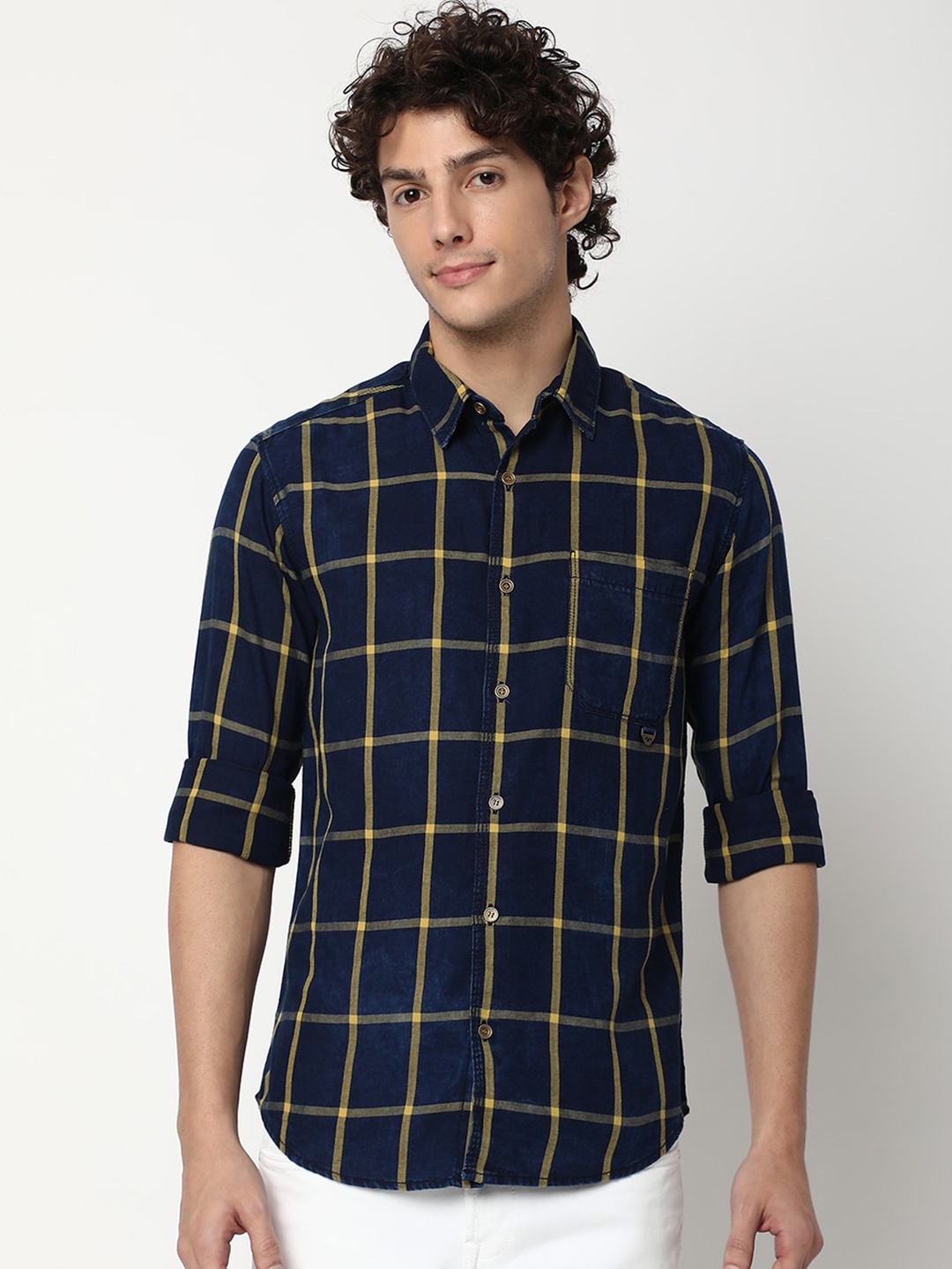 

Mufti Windowpane Checked Pure Cotton Casual Shirt, Navy blue