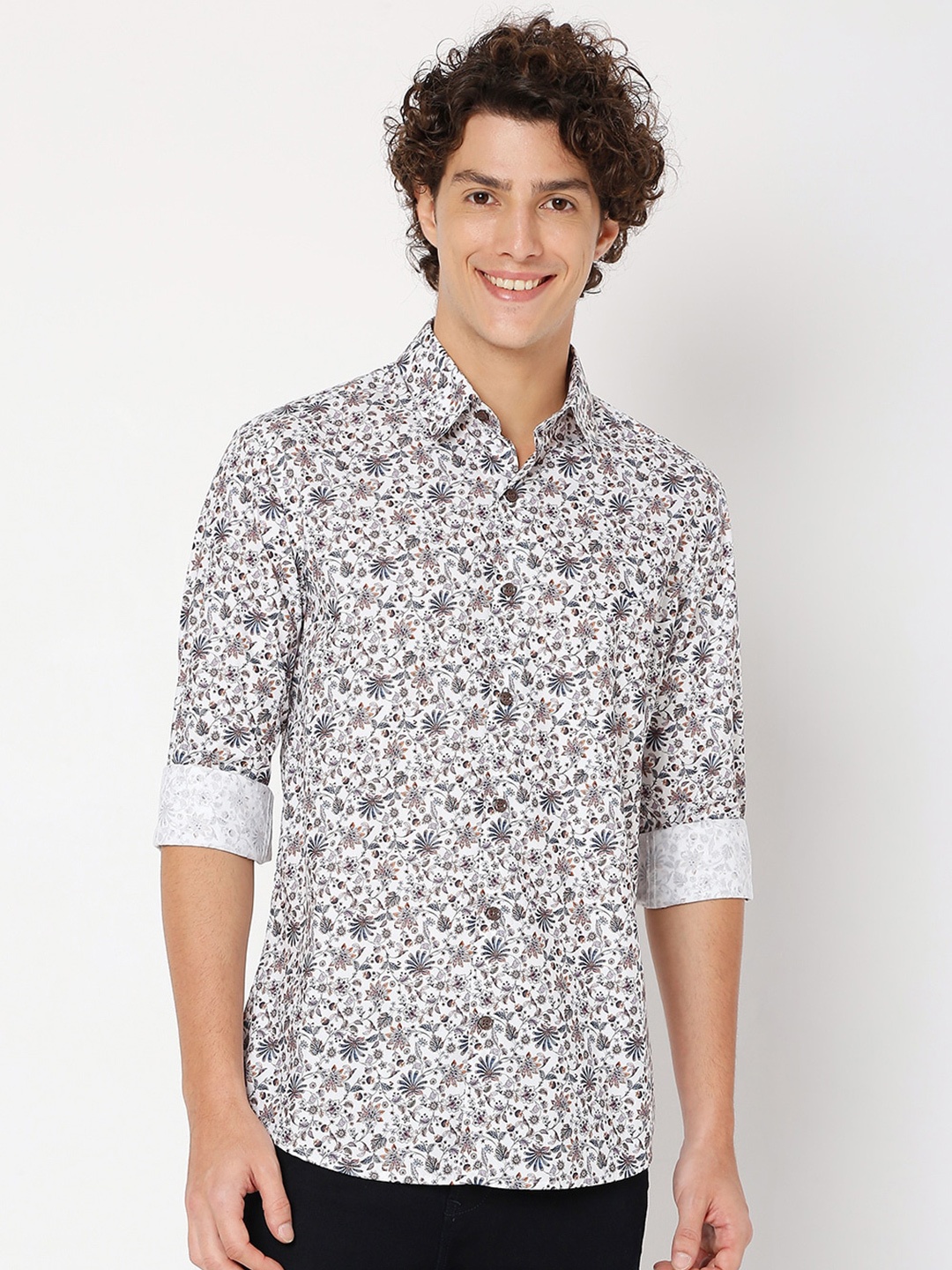 

Mufti Slim Fit Floral Printed Spread Collar Casual Shirt, White
