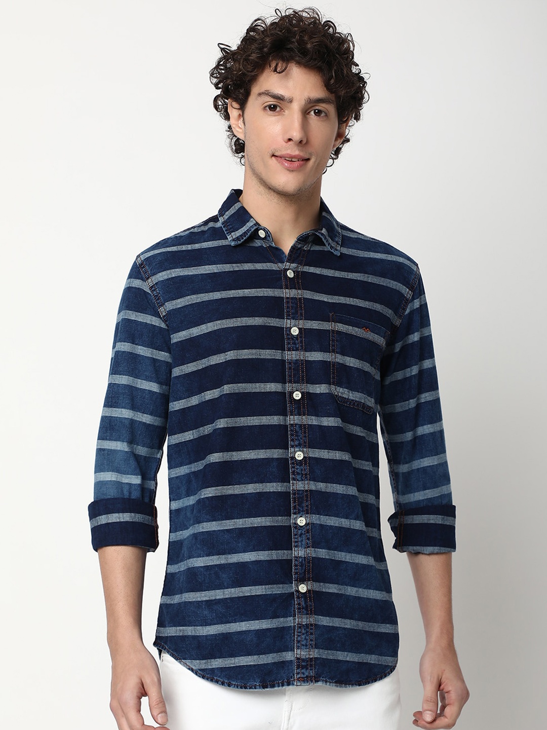 

Mufti Horizontal Striped Slim Fit Cotton Casual Shirt, Navy blue