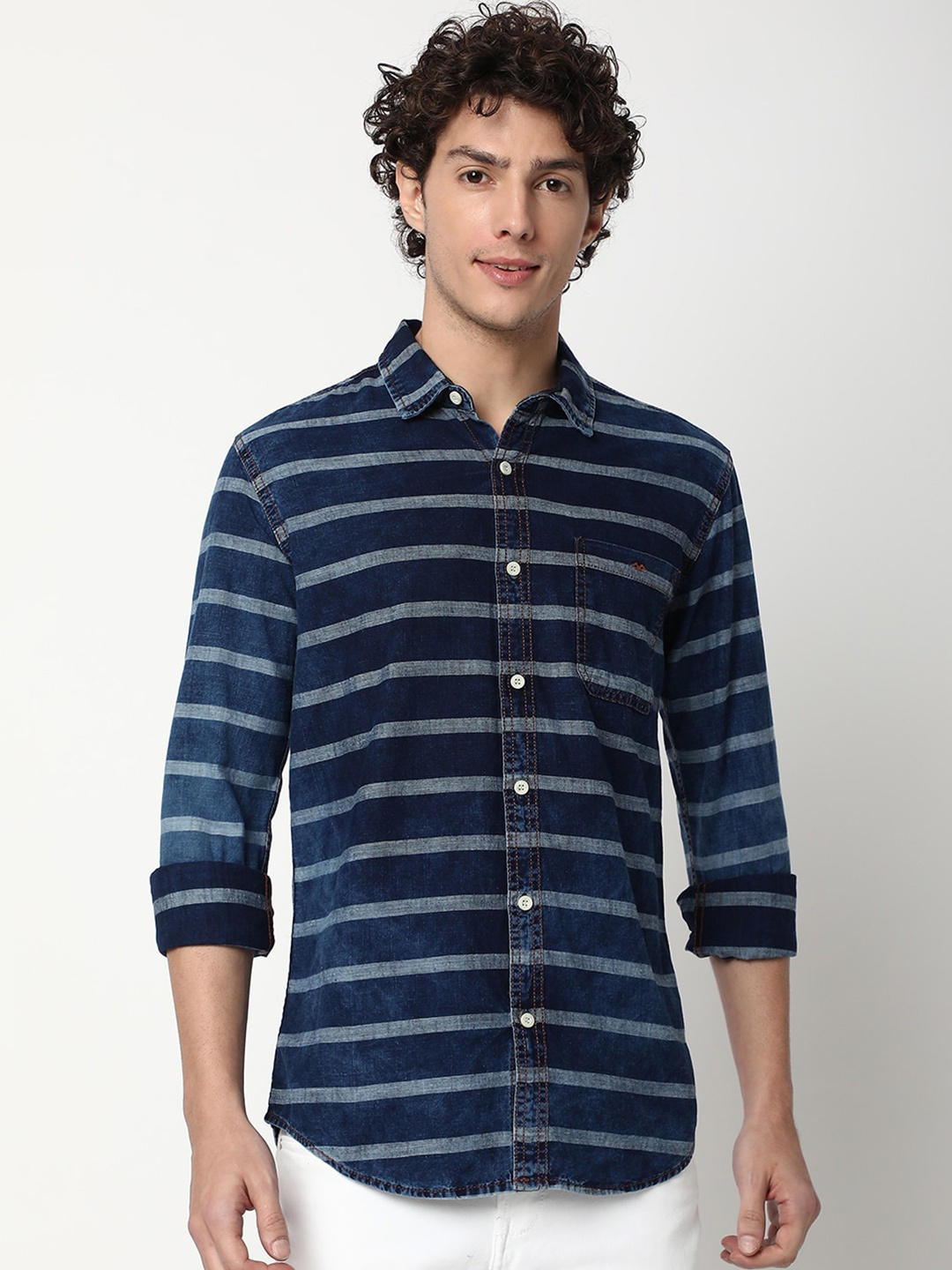 

Mufti Slim Fit Horizontal Striped Casual Shirt, Blue