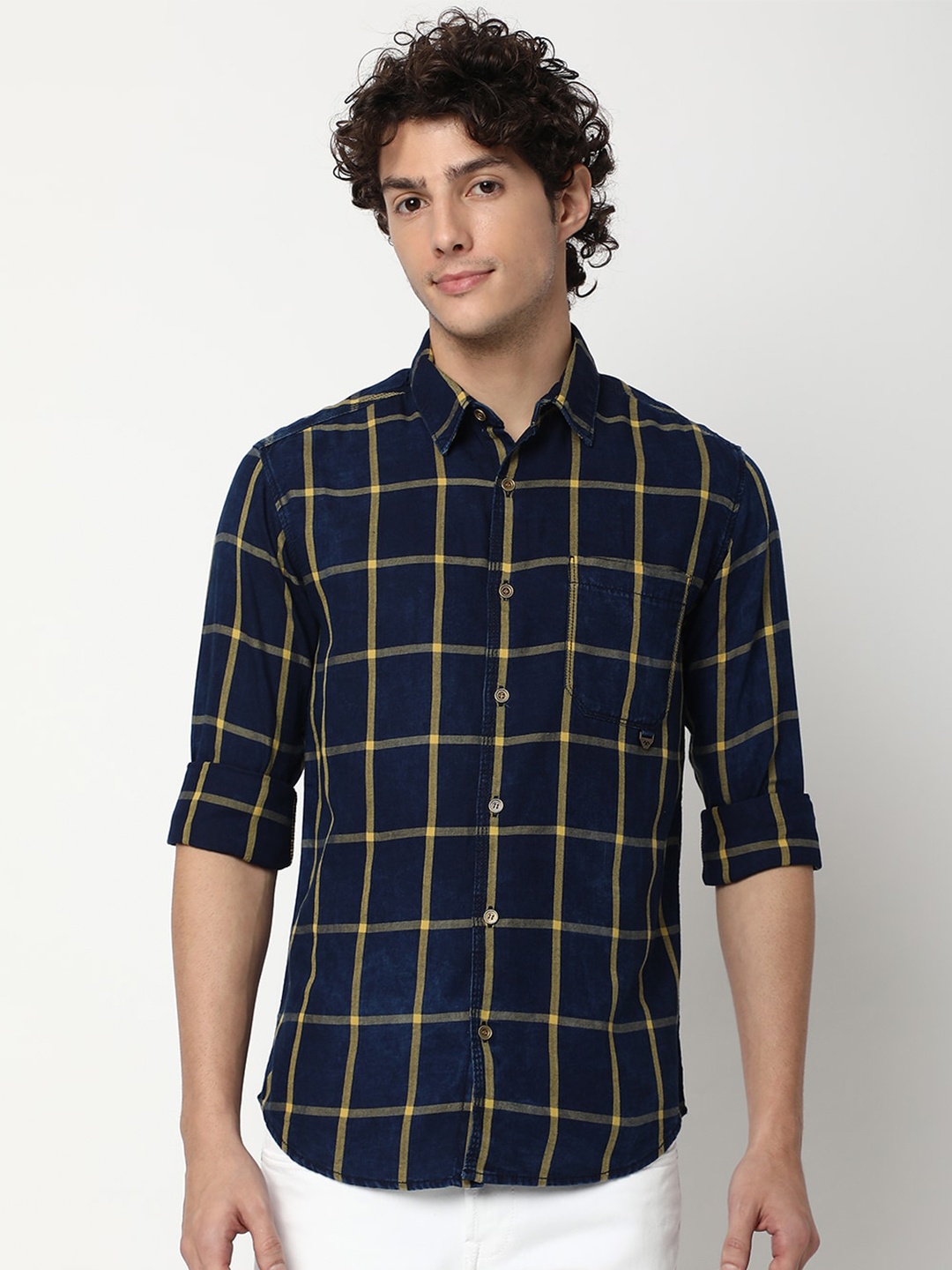 

Mufti Slim Fit Windowpane Checked Casual Shirt, Blue