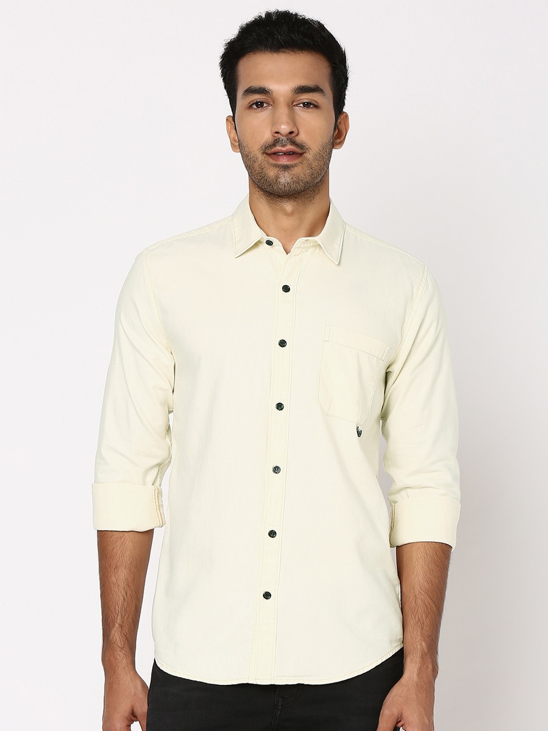

Mufti Spread Collar Slim Fit Opaque Casual Pure Cotton Shirt, Off white