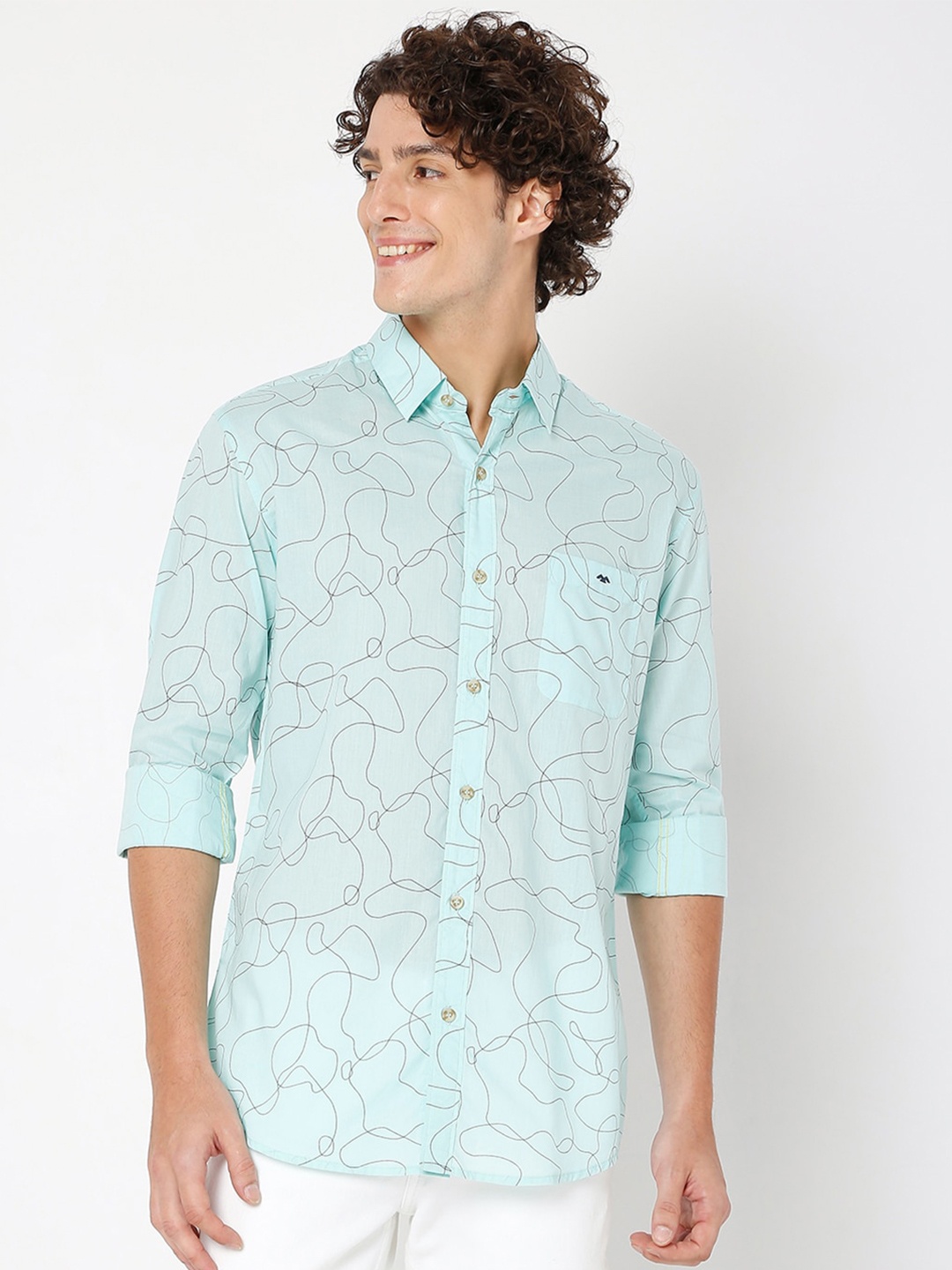 

Mufti Slim Fit Opaque Printed Cotton Casual Shirt, Turquoise blue