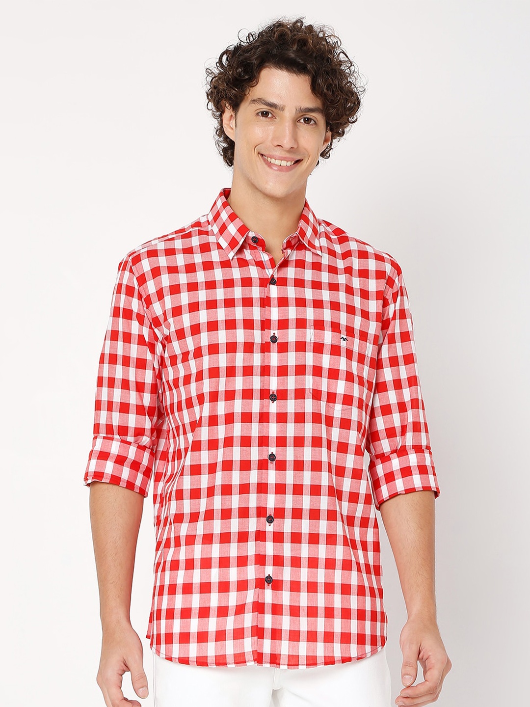 

Mufti Men Gingham Checked Cotton Opaque Slim Fit Casual Shirt, Red